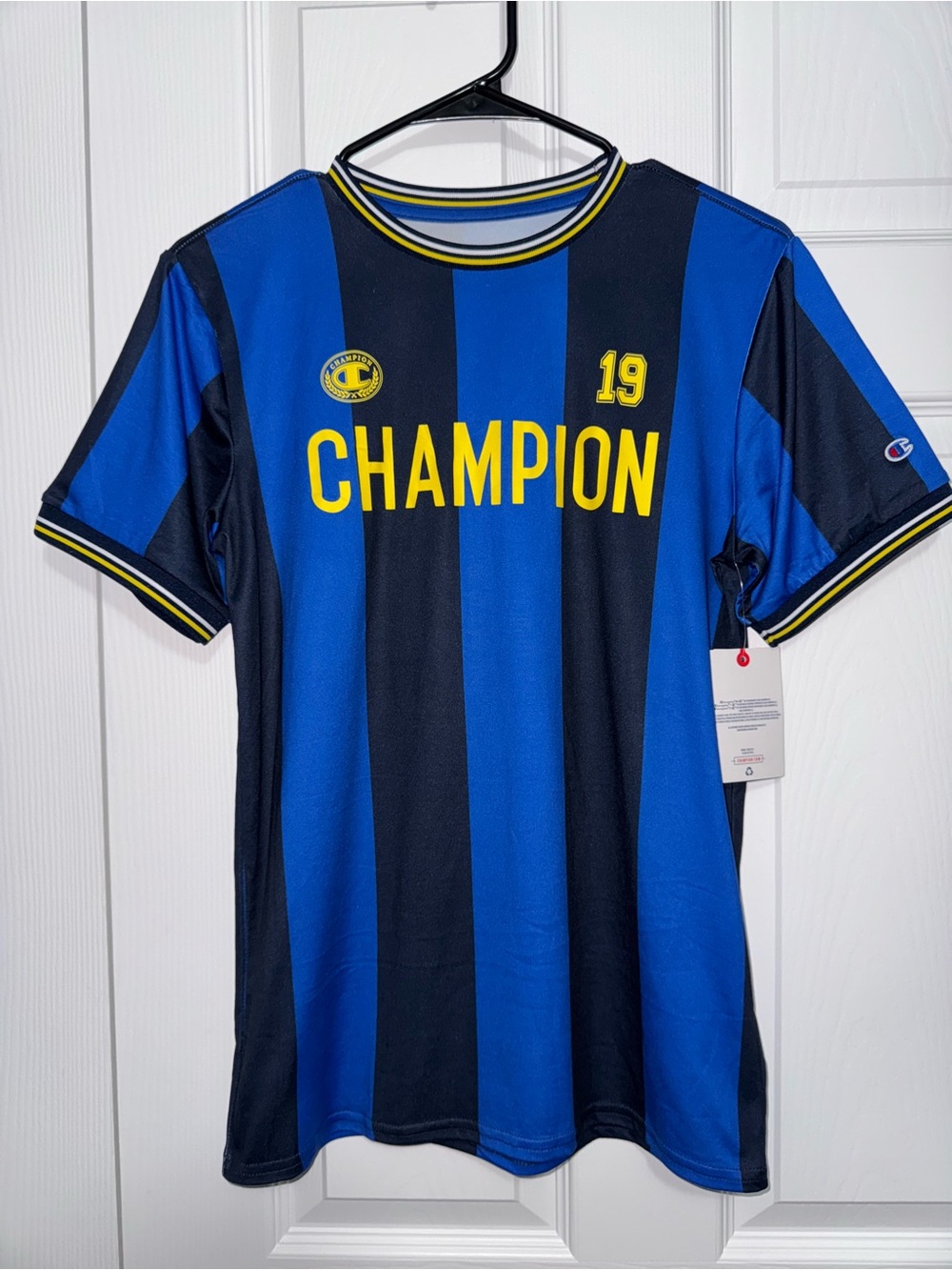 Champion Blue and Black Striped Athletic Jersey with Yellow Logo
